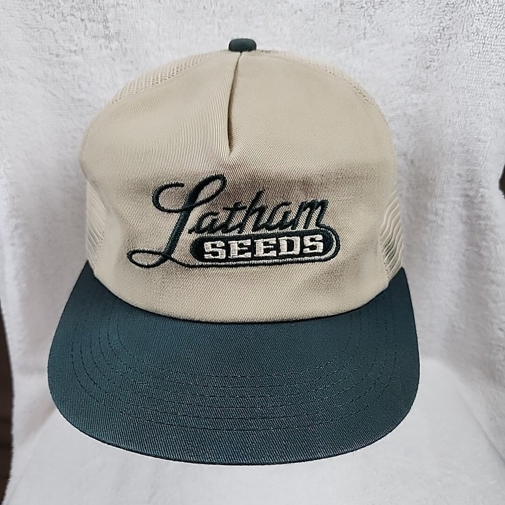 Vintage Latham Seeds Farming Hat Cap Snapback Tan Mesh K-Products USA